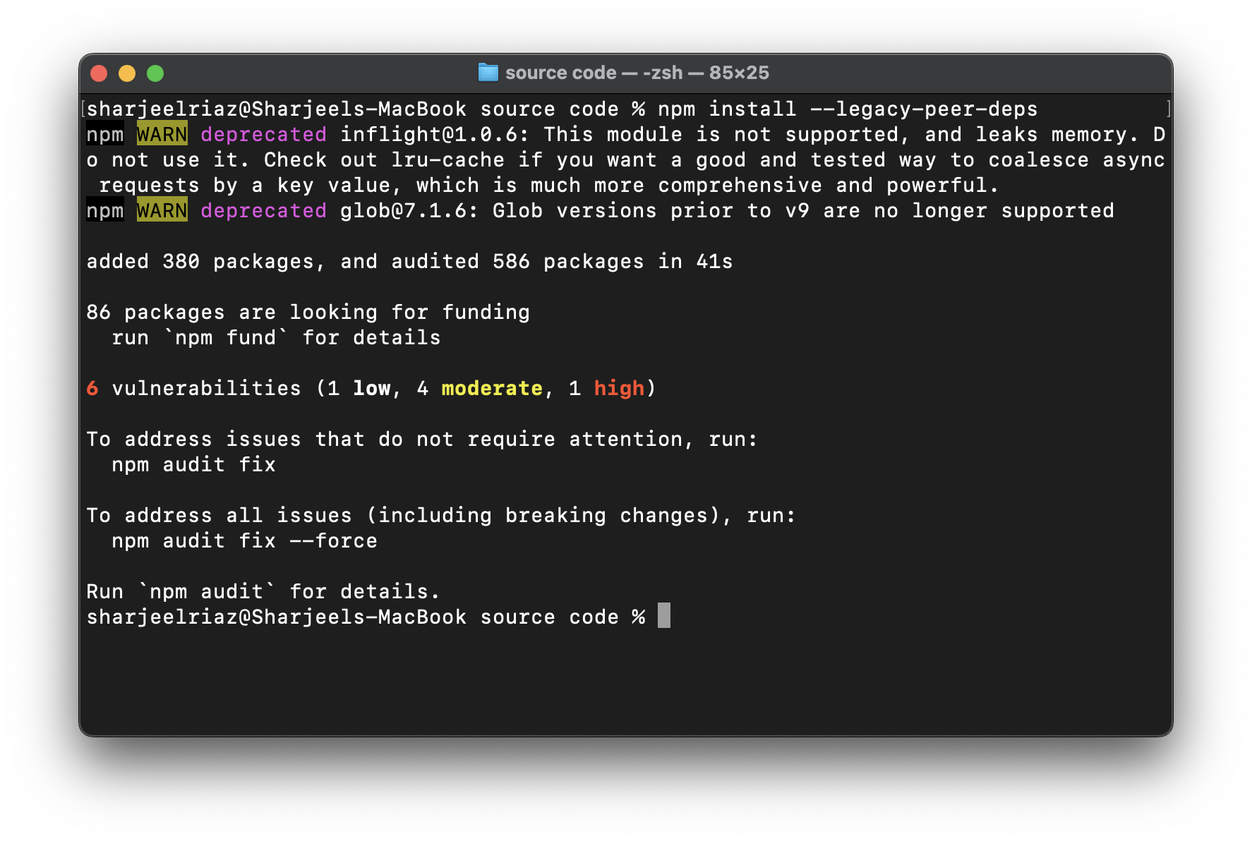 installing dependencies via terminal